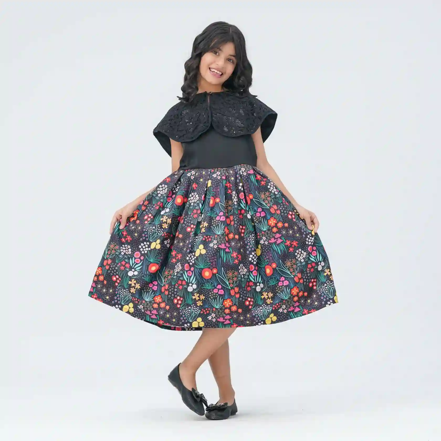 Girl's Floral Printed Blended Silk Gown with Sequin Cape